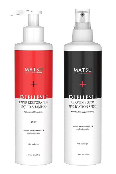 MATSU Excellence Dirençsiz Saçlar Için Hızlı Onarıcı Likit Şampuan Ve Keratin Botox Uygulama Seti 2x250 Ml